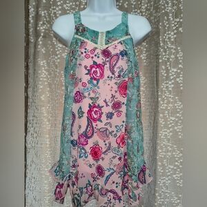 Girls Pink Floral Paisley Dress with Teal Lace Trim